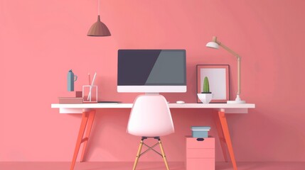 A computer desk with a white chair and a pink wall