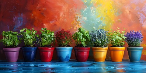 Colorful potted plants on a blue wooden table