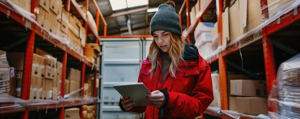 delivery personnel in uniforms organizing parcels and using a tablet inside a delivery van.