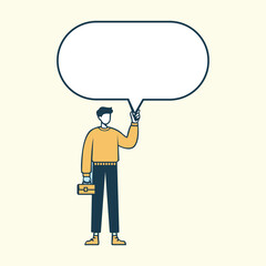 Cartoon Style Character Holding Blank Speech Bubble: Social Media, Chat, Message, Contact, Meeting Concept