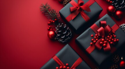 Red Background With Presents and Pine Cones