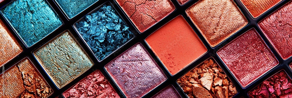 Poster detailed close-up of a multi colored eyeshadow palette with vibrant hues and visible texture. genera