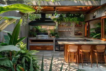 Fototapeta premium A modern outdoor barbecue bar with lush greenery and wooden bar stools