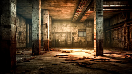 A large, empty room with graffiti on the walls.