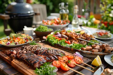 Obraz premium A table laden with grilled meat, fresh salads, and skewers for a summer gathering