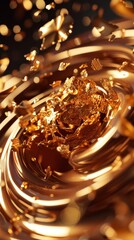 Chocolate flakes in macro vision flying through a spiral shape, gold light shines the scene. 