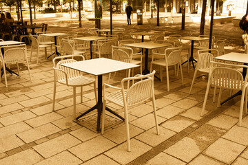 Restaurant outdoor terrace in city centre.Summer season. High quality photo