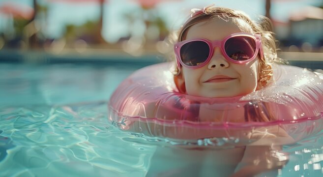 Little Girl With Sunglasses and Pink Floatie in Pool