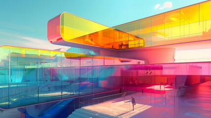 Abstract art with surreal 3d render of Architecture buildings in translucent multilayer plastic and glass material in purple yellow and blue mix color with blue sky on background
