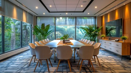 Fototapeta premium Modern Conference Room Overlooking Cityscape