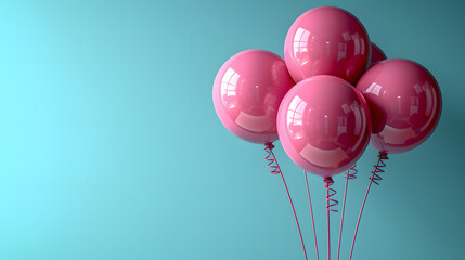 Background with festive pink realistic 3d balloons with ribbons. Celebratory design with pink balloons on blue background. Stylish poster, cover, banner, site, mobile app.
