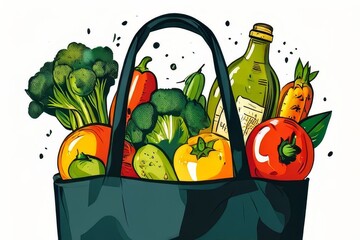 Tote bag full of vegetables and fruits on white background. AI generated