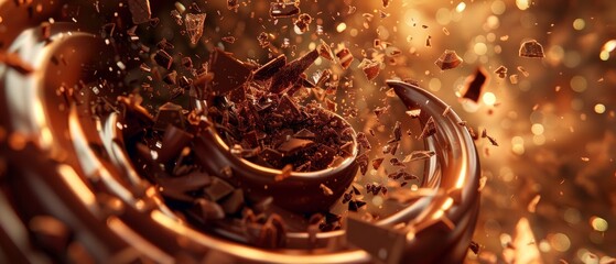 Chocolate flakes in macro vision flying through a spiral shape, gold light shines the scene. 