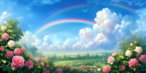 Naklejka premium Colorful landscape with rainbow roses and blue sky