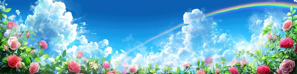 Fototapeta premium Colorful landscape with rainbow roses and blue sky