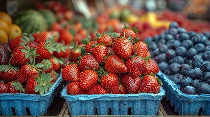 A market of fruit and berries, tasty strawberries and blueberries in a bowl