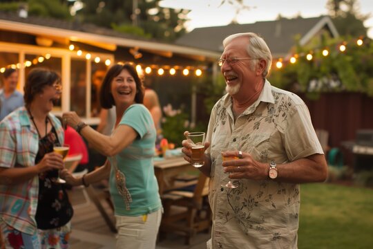 A retired couple enjoys a summer barbecue with friends in their backyard