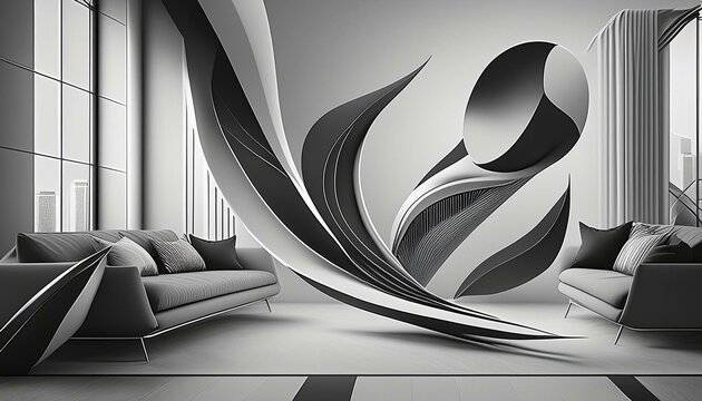Elegant abstract artwork featuring black and white geometric shapes on soft grey background