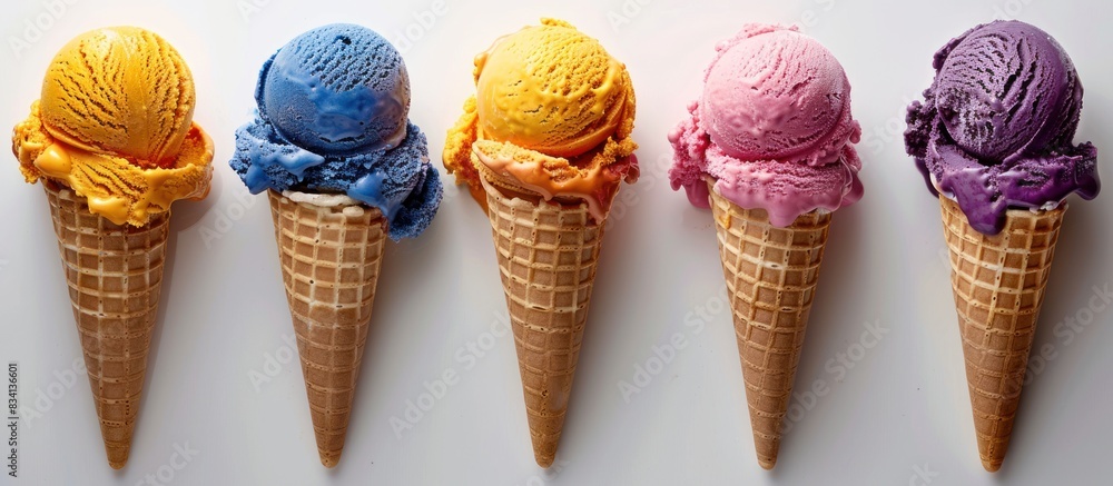 Poster colorful ice cream cones on white background: a close-up image of five ice cream cones with colorful