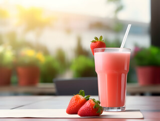 A Glass of strawberry juice with red strawberry, Refreshing and healthy strawberry  juice ice in a glass with summer background, strawberry juice photo