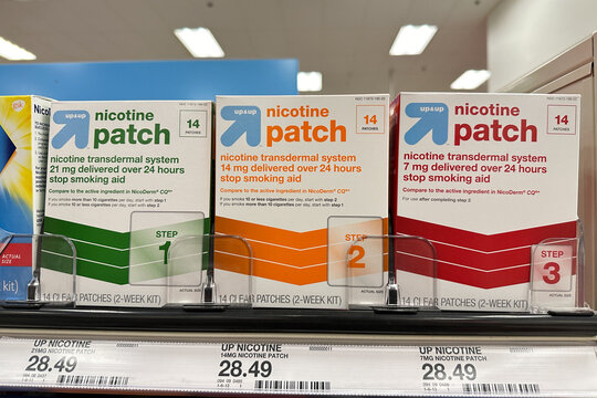 Rows of Nicotine patch to help quit smoking on display at a Target retail store in Michigan.