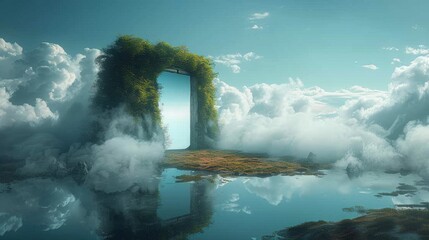 surreal fantasy world, a mysterious door reveals a surreal landscape where reality and fantasy blend, beckoning you to explore the realm of imagination