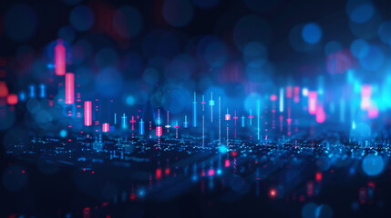 Futuristic cityscape with glowing neon lights and bokeh effect in a digital landscape