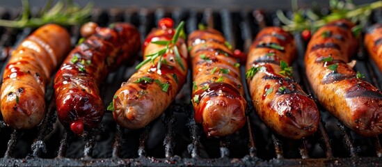 ausages grilling on a barbecue, showcasing their golden-brown exterior and juicy insides. The sausages are lined up on the grill grates, with some rosemary sprigs adding a touch of flavor and aroma.