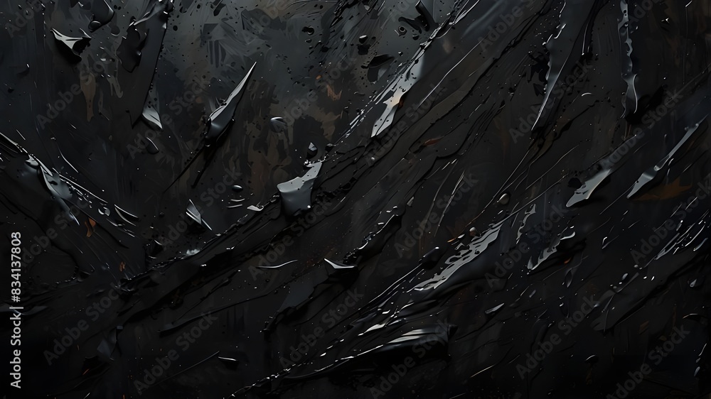 Poster an close-up of an abstract, rough black painting texture created on canvas using a pallet knife and 