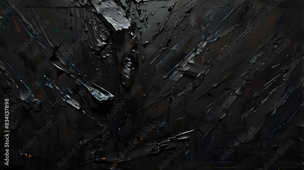 Aufkleber an close-up of an abstract, rough black painting texture created on canvas using a pallet knife and 