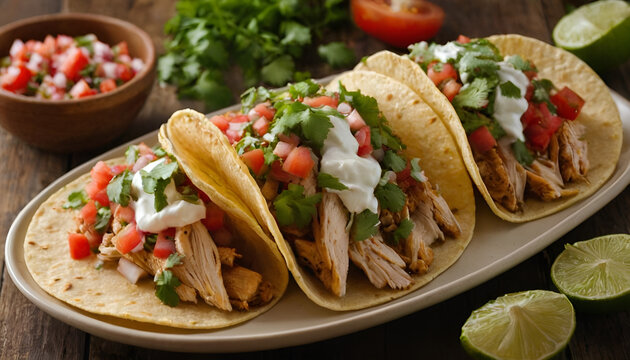 chicken tacos with cillantro, pico de gallo, and sour cream.