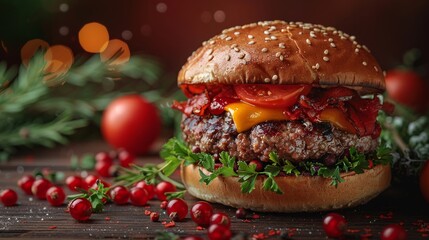 A delicious burger on a red background, used as a restaurant advertisement for Christmas
