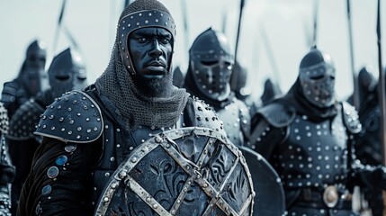 Male Medieval metal armoured knights in black full plate armour with shields and swords