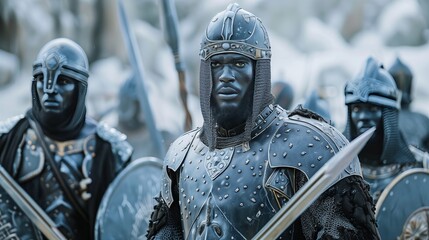 Male Medieval metal armoured knights in black full plate armour with shields and swords