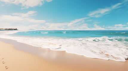 Breathtaking view of a tranquil beach with waves gently caressing the sandy shore under a clear blue sky