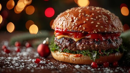 The Christmas background features a tasty burger against a red background, advertising a restaurant