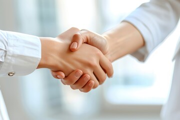 Hand Shake Woman. Businesspeople Handshaking in Office: Female and Male Partners Seal Successful Deal