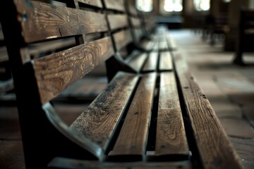 Old Benches in Church. Rows of Empty Wooden Seats for Worship and Religion