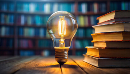 Illuminated light bulb shines amidst blurred book stacks, symbolizing knowledge, creativity, and inspiration in education and innovation