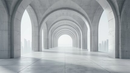 urban city skyline with abstract grey concrete arches, skyscrapers in the background a creative business concept design banner mockup