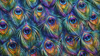 Iridescent peacock feather pattern, realistic style. Generative ai