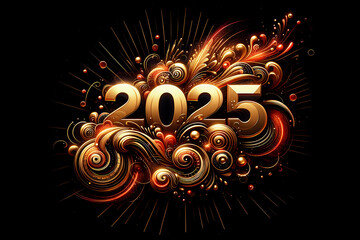 Golden Flourish 2025 Celebration, Elegant New Year 2025 Design, Abstract Golden Swirls with 2025, Festive 2025 Greeting with Ornaments, Luxurious Gold and Black 2025 Background, New Year 2025, 3D text