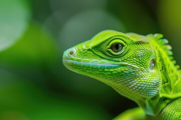 Naklejka premium Lizard Green. Close-up of Reptile Wildlife in Nature Environment