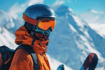 Snowboard Skis. Portrait of Athlete and Sportswoman Smiling on Snow Resort with Mountain Background