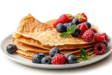 Pancakes On White. American Breakfast Plate with Tasty Berries