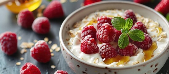 Yogurt with raspberries and honey for breakfast