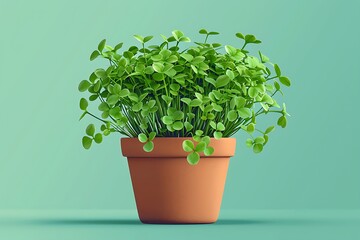 A potted plant with green leaves against a light green background
