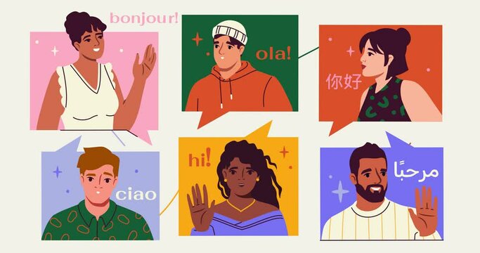 International communication. Moving banner with multicultural people from different countries greeting each other in various languages. Online chatting on social media. Cartoon flat animated graphics