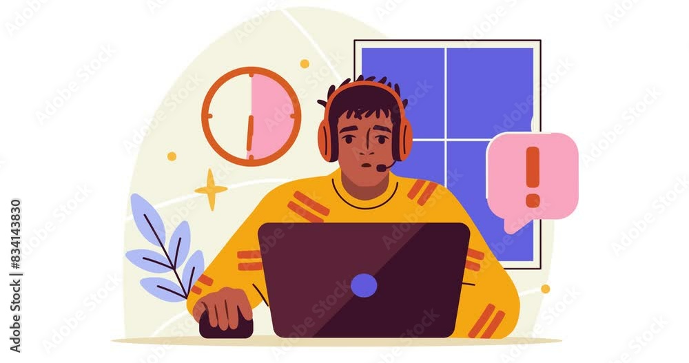 Poster internet addiction and digital overload. moving banner with tired irritated man playing computer gam