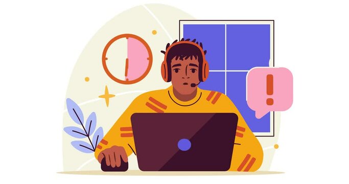 Internet addiction and digital overload. Moving banner with tired irritated man playing computer games and suffering from addiction. Gamer with anxiety and insomnia. Cartoon flat animated graphics